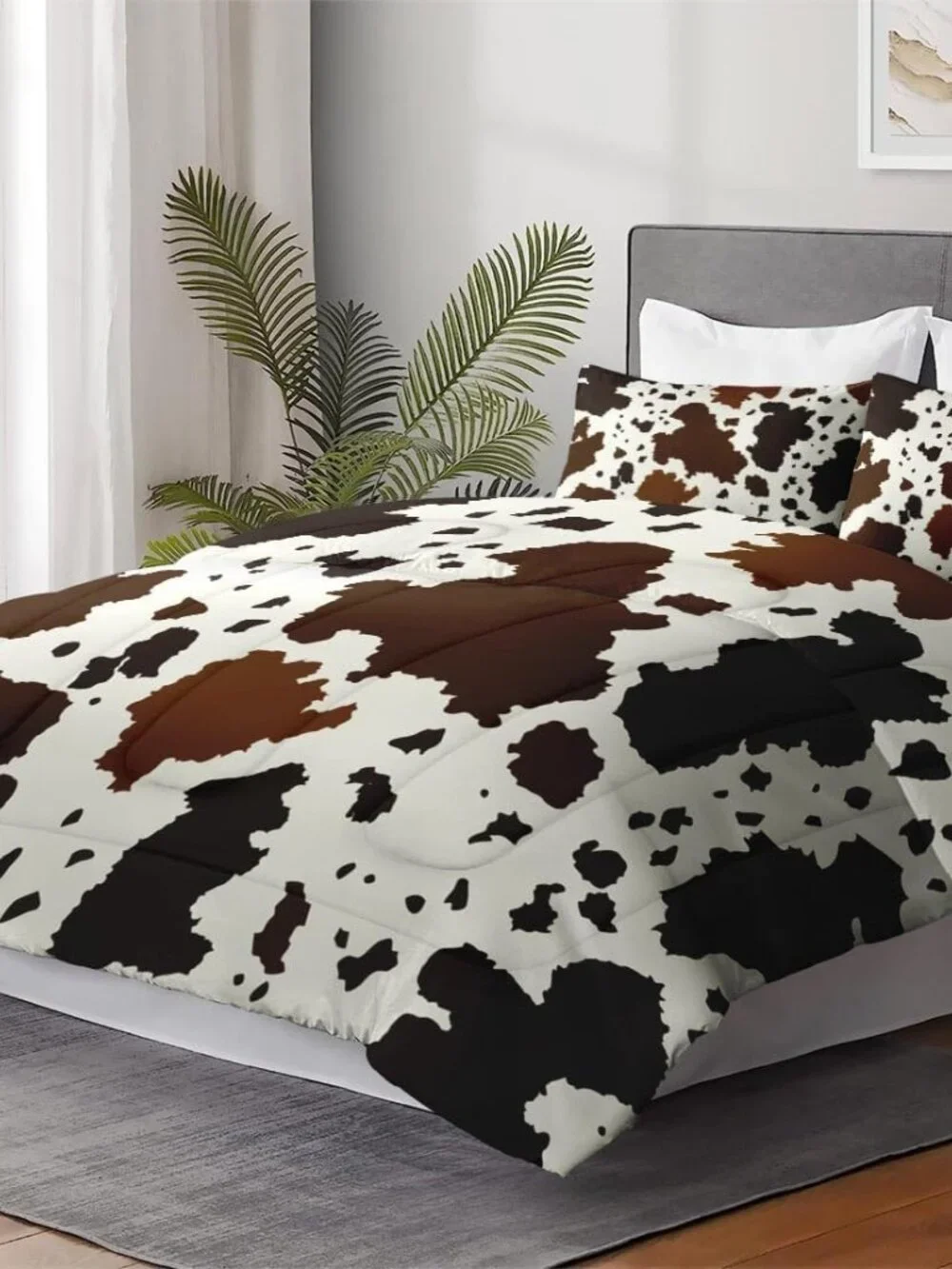 Queen Comforter Set, 3 Pieces Cowhide Cow Bedding, All Season | Western Farmhous